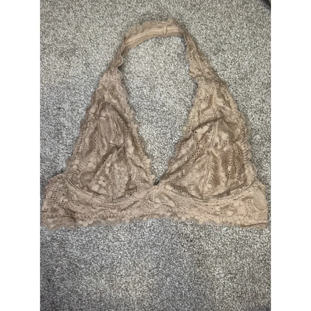 Intimately Free People Galloon Halter Bra Lace Bralette, Tan Nude Size Medium